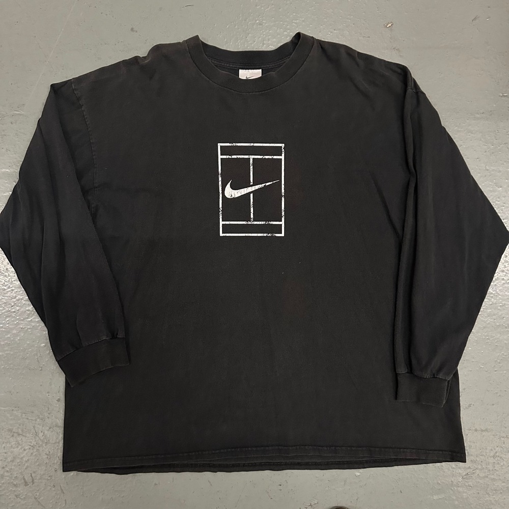 Vintage Nike Mens Court Tennis Long Sleeve Shirt XXL Black Preowned Faded Logo